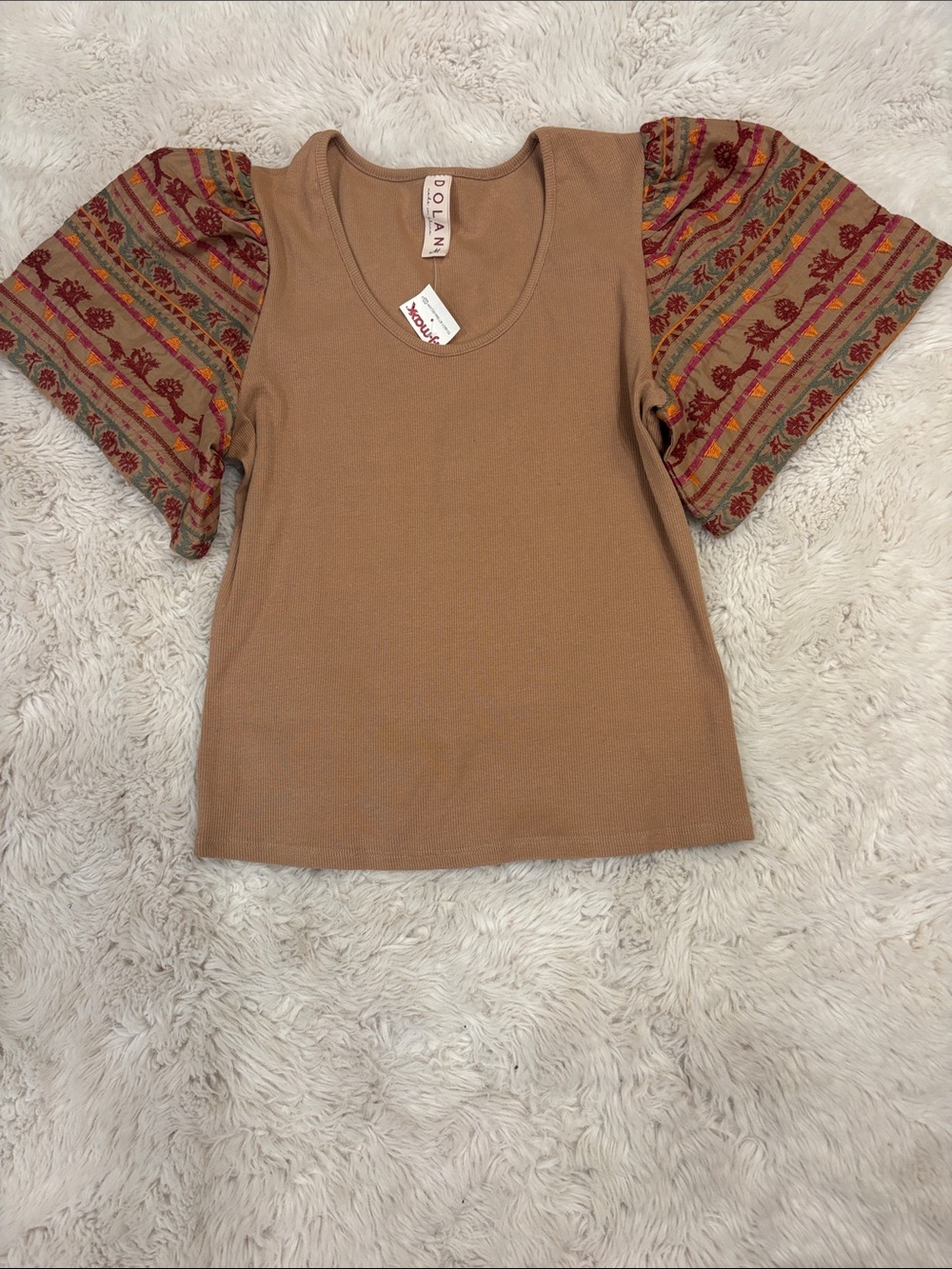 dolan Tan Knit Top with Patterned Puff Sleeves